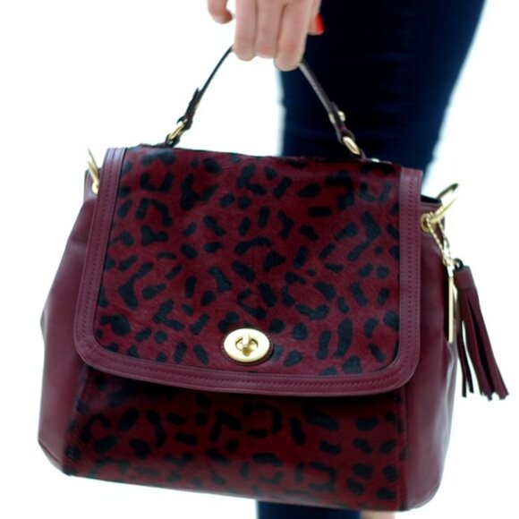 Coach Park Hair Calf turn Lock Flap Satchel in Leopard Oxblood Burgundy  F24986 - Picture 15 of 16